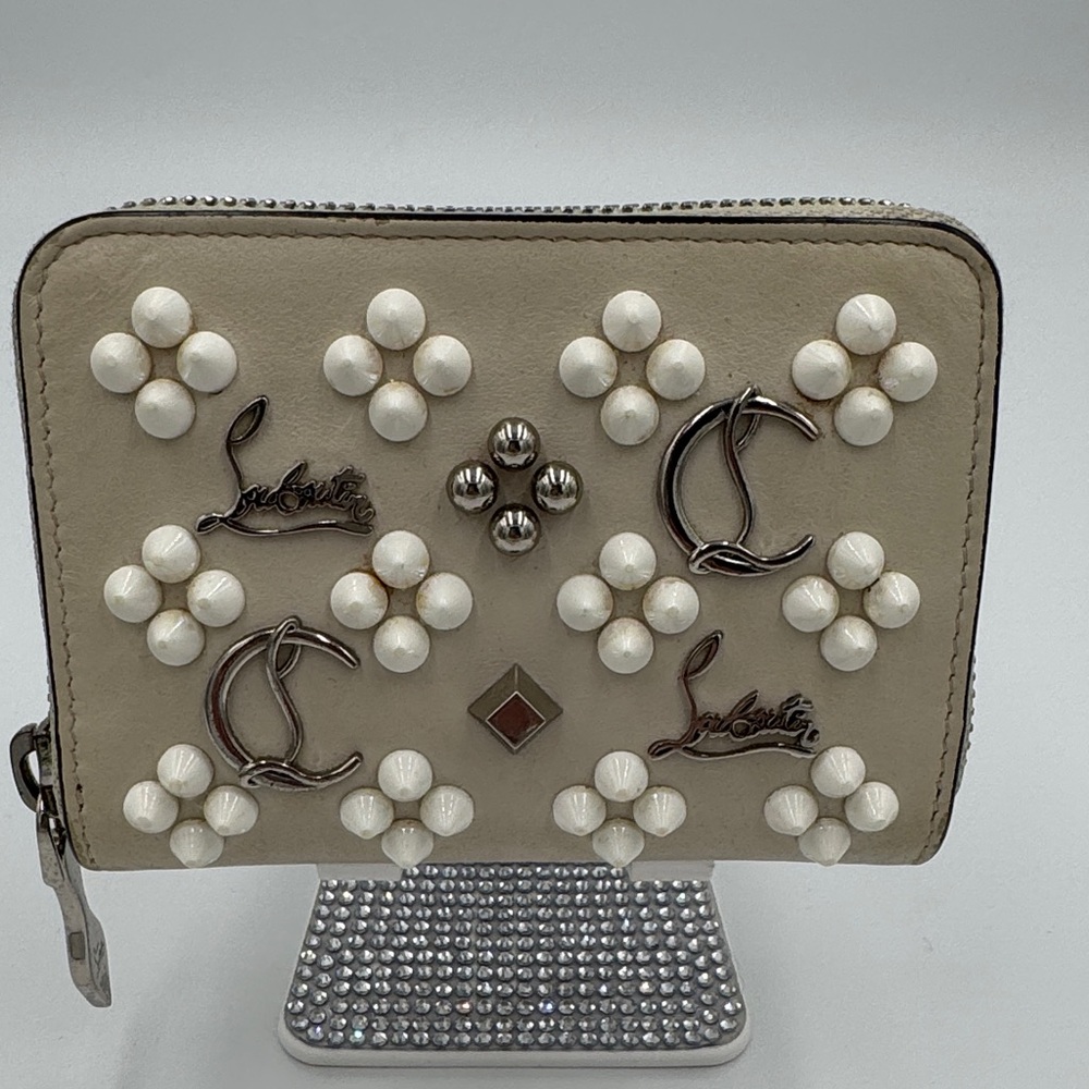 Christian Louboutin Beige & white Stud Embellished Compact Wallet / Cardholder